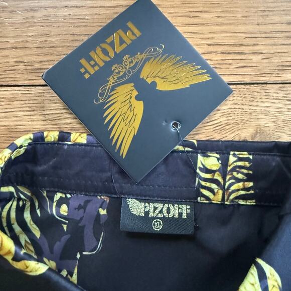 NWT Pizoff Zebra Print Button Down Shirt SZ XL Satin Wild Exotic Black Yellow - Picture 4 of 8